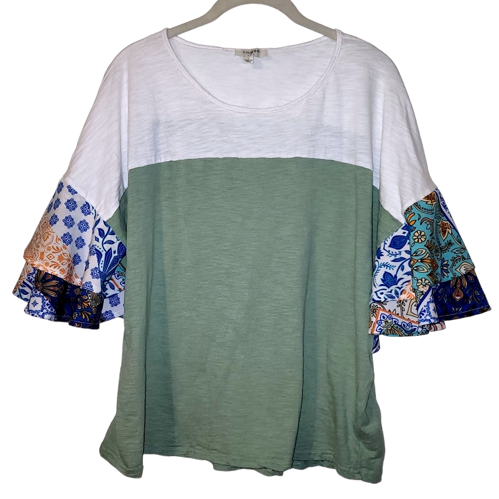 UMGEE Colorblock Top Mixed Patterned Layered Ruffle Sleeves - Sage, Medium